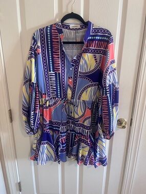 Lavender J Multicolor Geometric Babydoll Mini Dress Boho Scarf Size Large